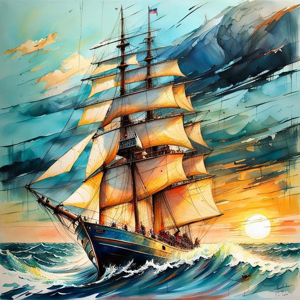 Sailing Boat in Rough Sea at Golden Hour