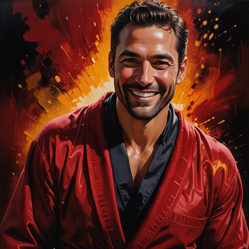 Smiling Man in Red Velvet Robe: Hyperrealistic Oil Painting