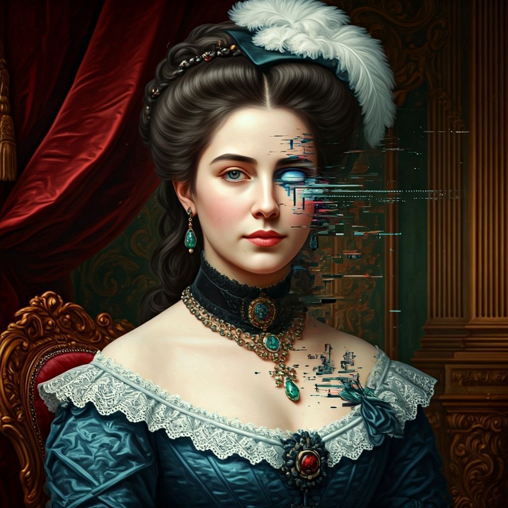 Victorian Woman with Glitching Face in Digital Baroque Style