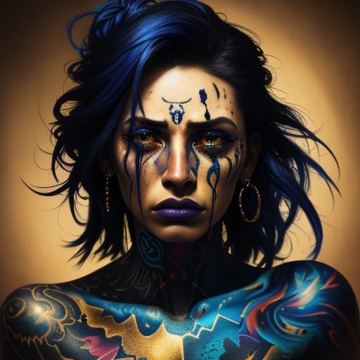 Tattooed Woman Crying: Surrealist Oil Painting