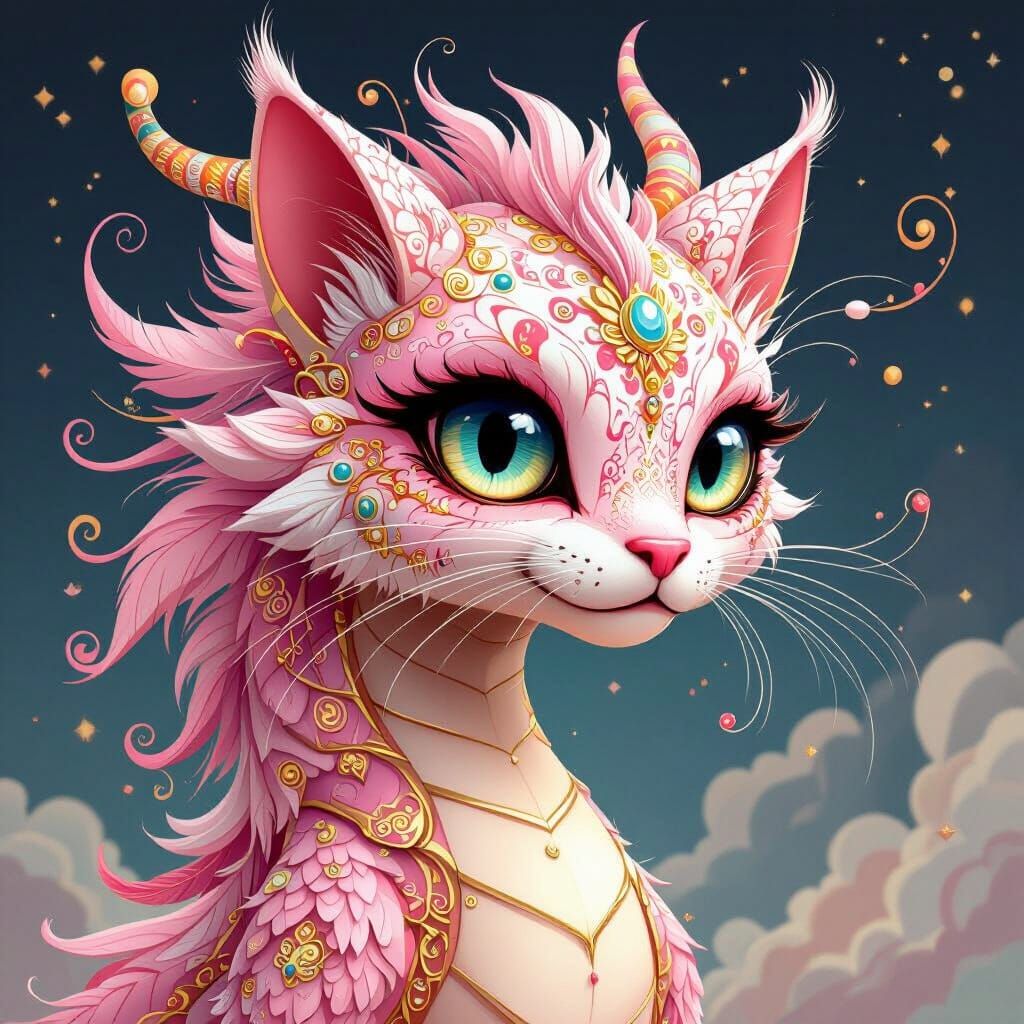 Majestic Cat-Dragon in Abstract Fractal Style