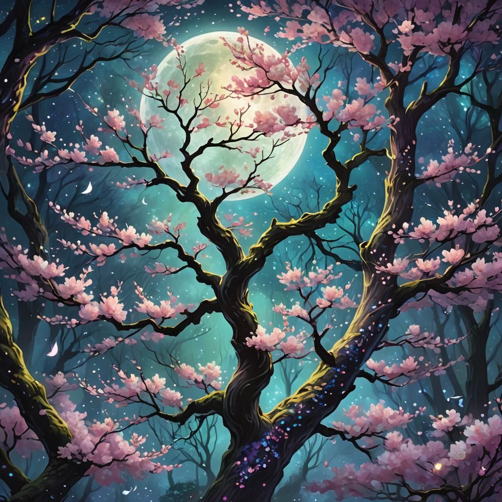 Mystical Cherry Blossom Tree in Digital Painting Style