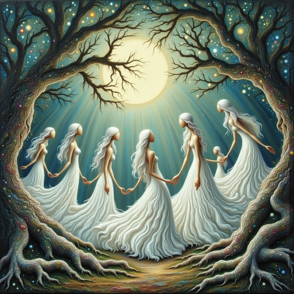 Ethereal Ghostly Figures Dancing in Mystical Forest