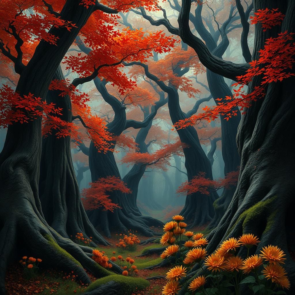 Mystical Autumn Forest in Mixed Media Illustration