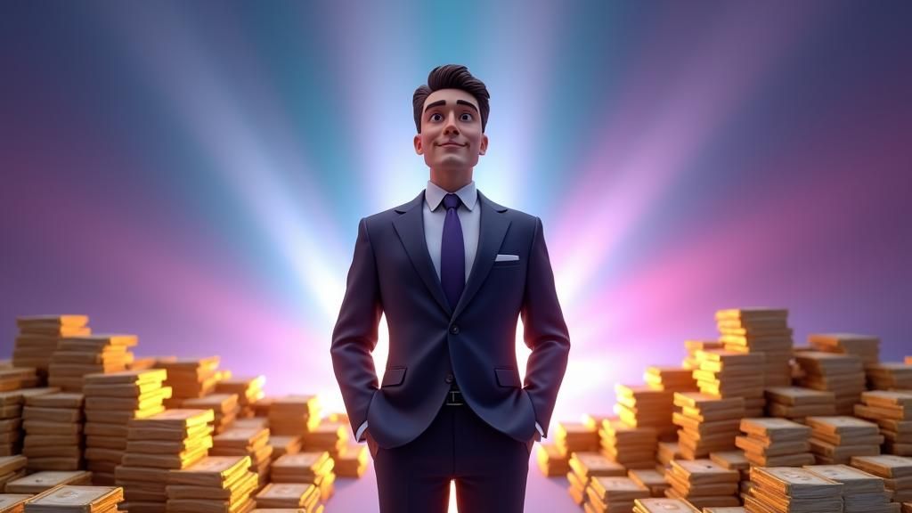 Pixar-Style Businessman Surrounded by Wealth