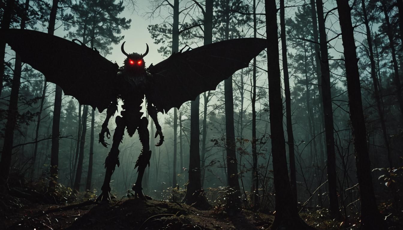 Dramatic Silhouette of Mothman in Dark Forest