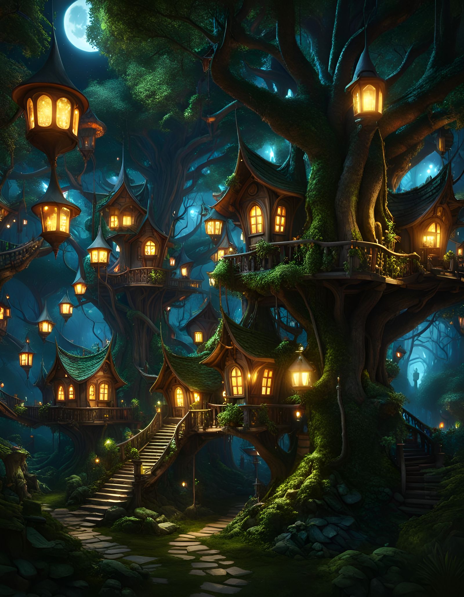 Goblincore Tree City at Night in Dark Fantasy Style