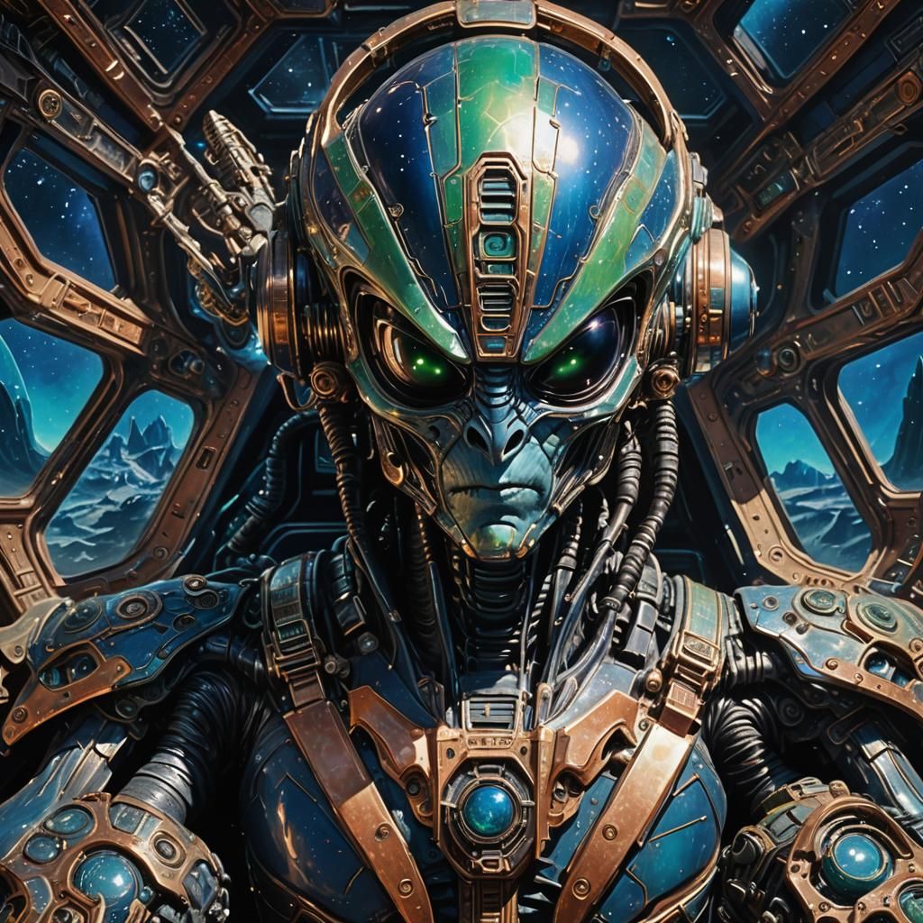 Alien in Spaceship Cockpit, Hyperrealistic Splash Art