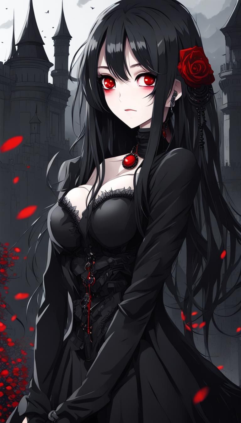 Anime Girl in Dark Castle, Detailed Cartoon Style