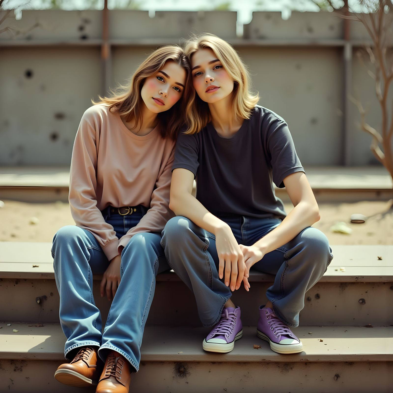 Two Teenage Girls on a Bleacher in a Sunny Outdoor Setting