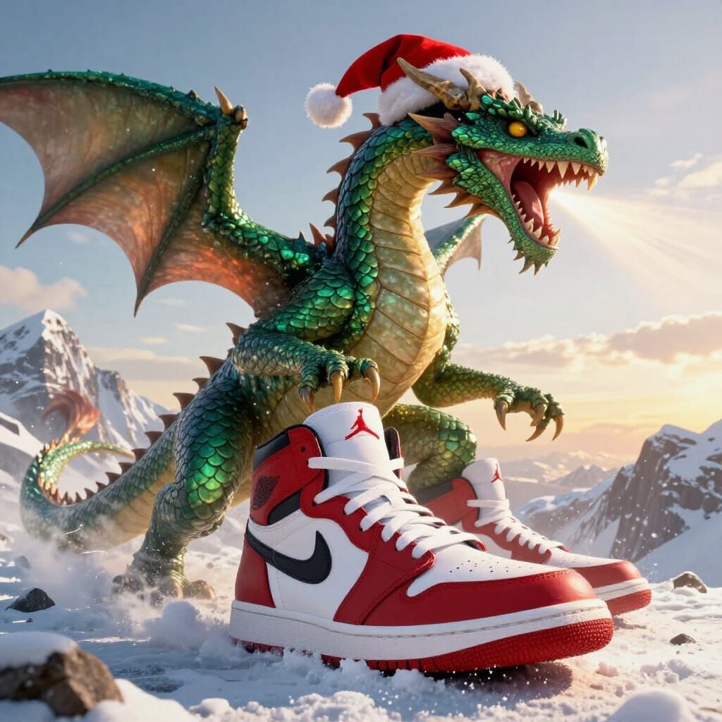 Emerald Dragon Wearing Jordans Erupts From Snowy Mountain