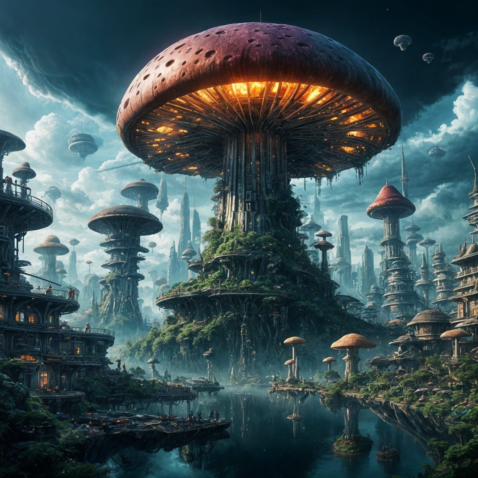 Futuristic City in a Majestic Mushroom Habitat
