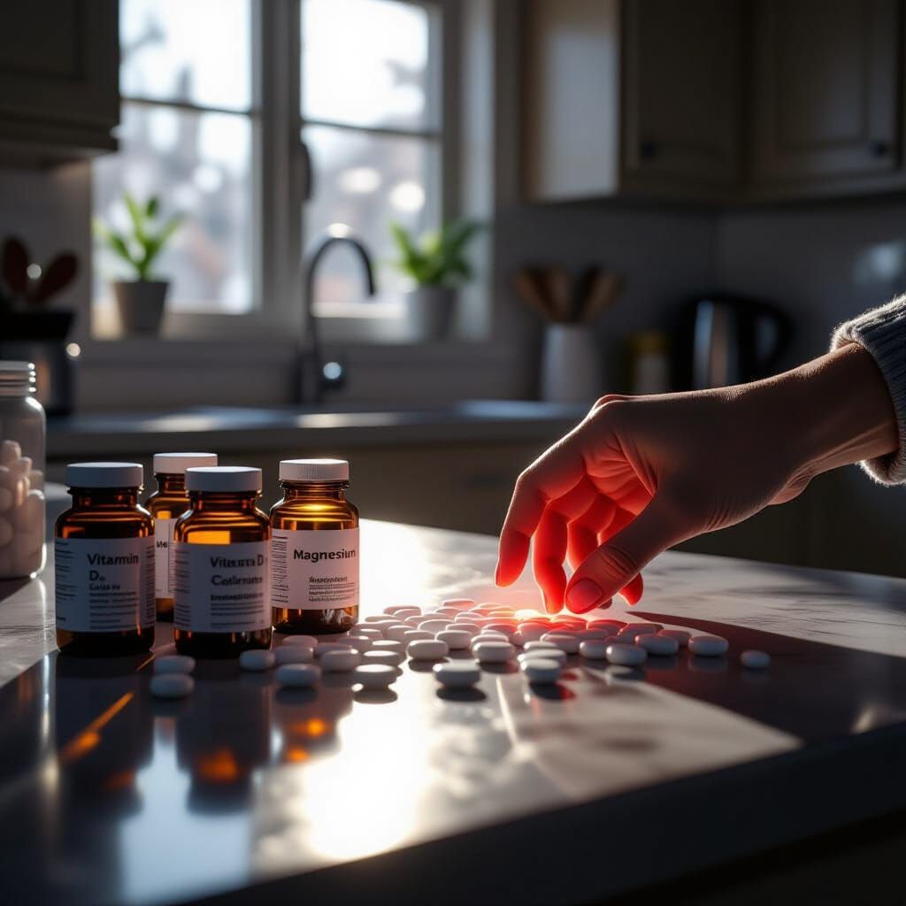 Ominous Kitchen Scene: Hand Reaches for Vitamin Pills