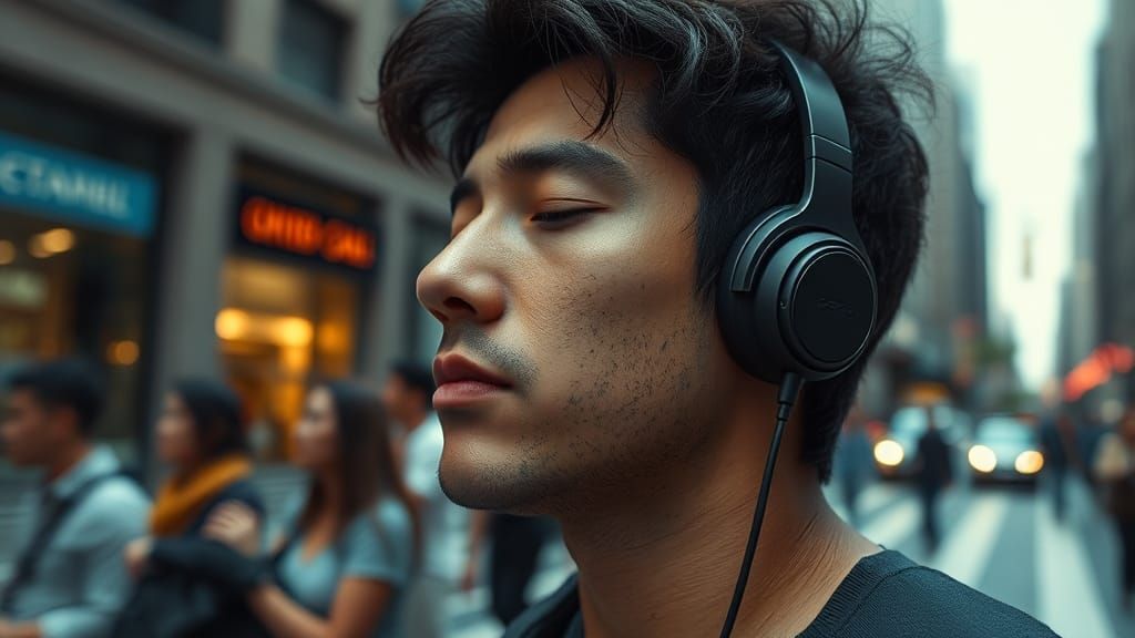Person Listening to Music in Cityscape with Cinematic Film G...
