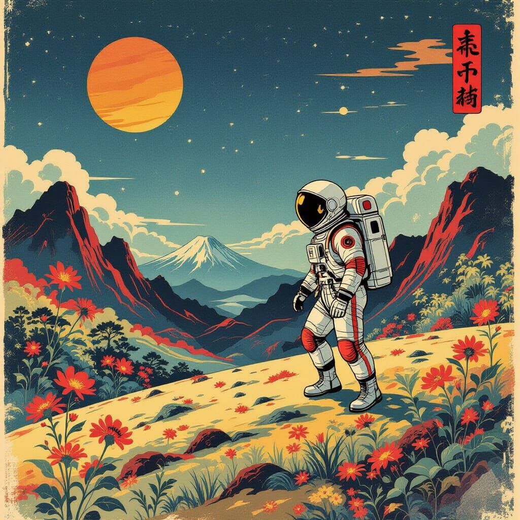 Astronaut on Alien Planet as Ukiyo-e Print