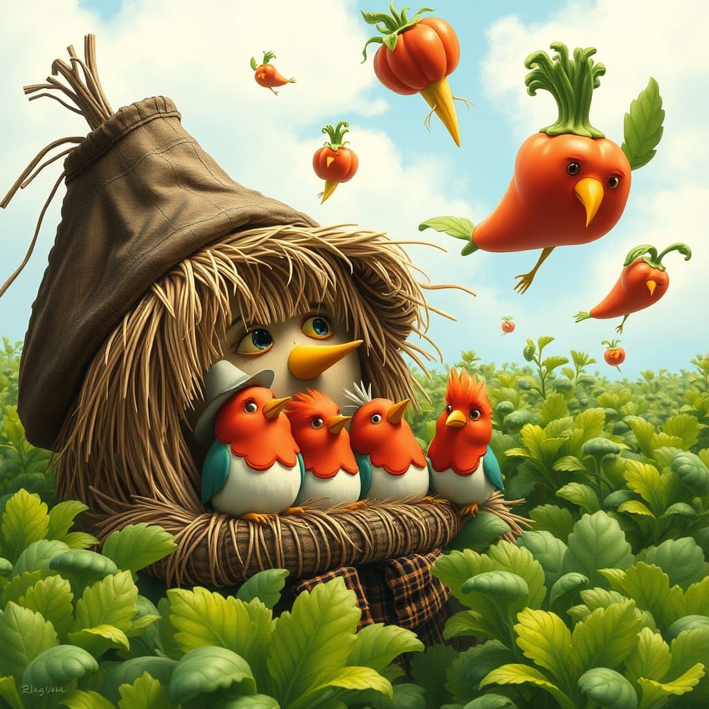 Birds Seek Shelter Under Scarecrow, Whimsical Scene