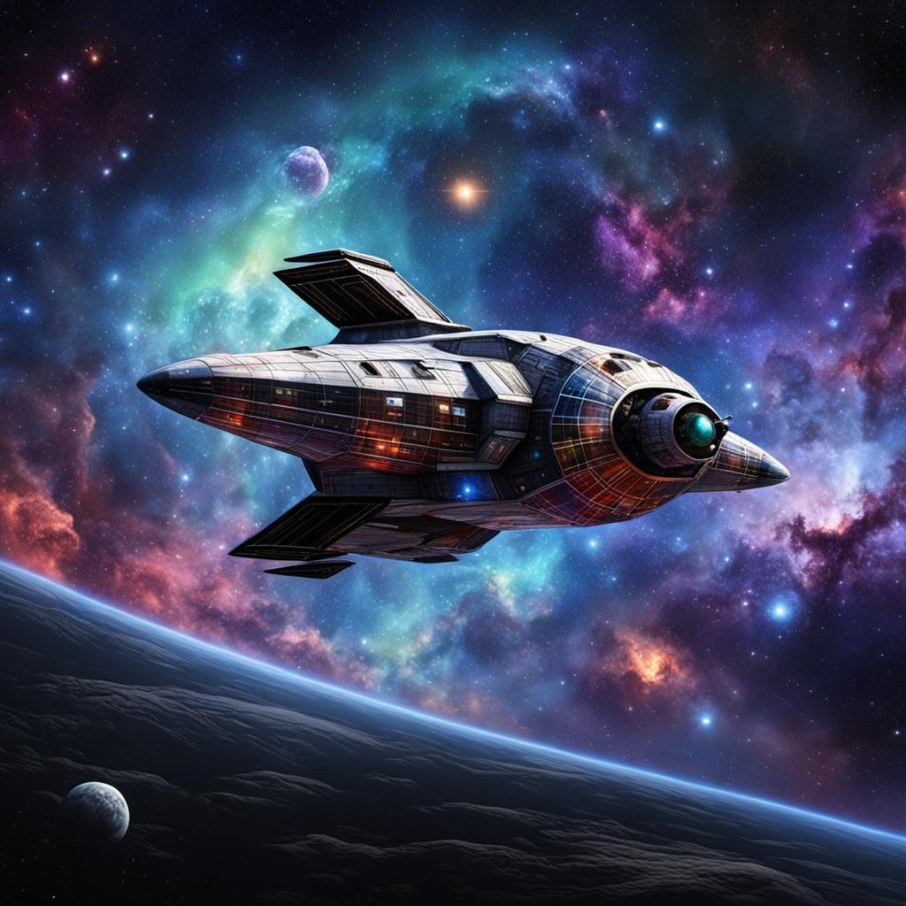 Plaid Spaceship Against Galactic Background