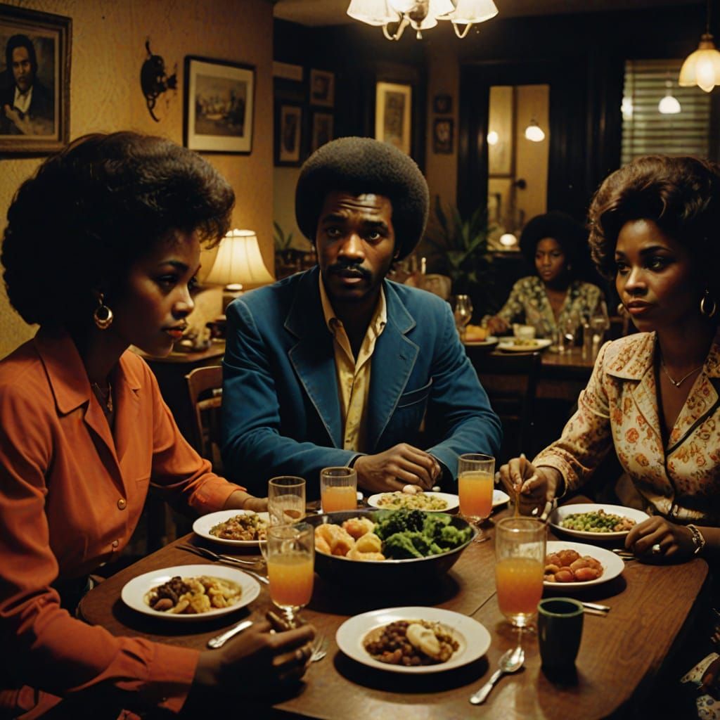 Blaxploitation Dinner Party: Friends Gather in Cinematic Sty...