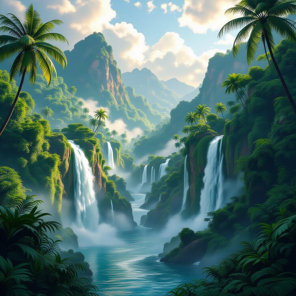 Lush Tropical Island with Cascading Waterfalls