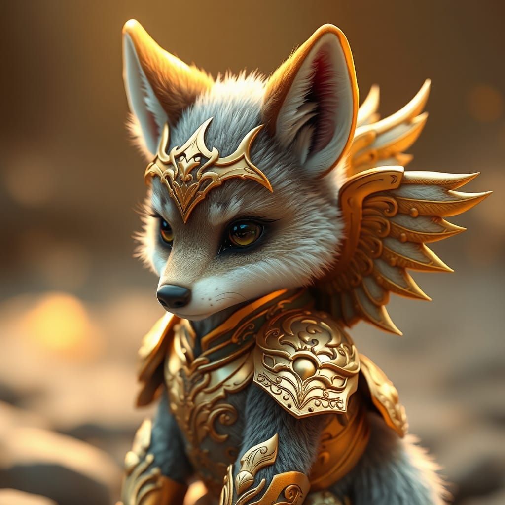 Winged Wolf Pup in Gold Armor: Anime-Inspired Art