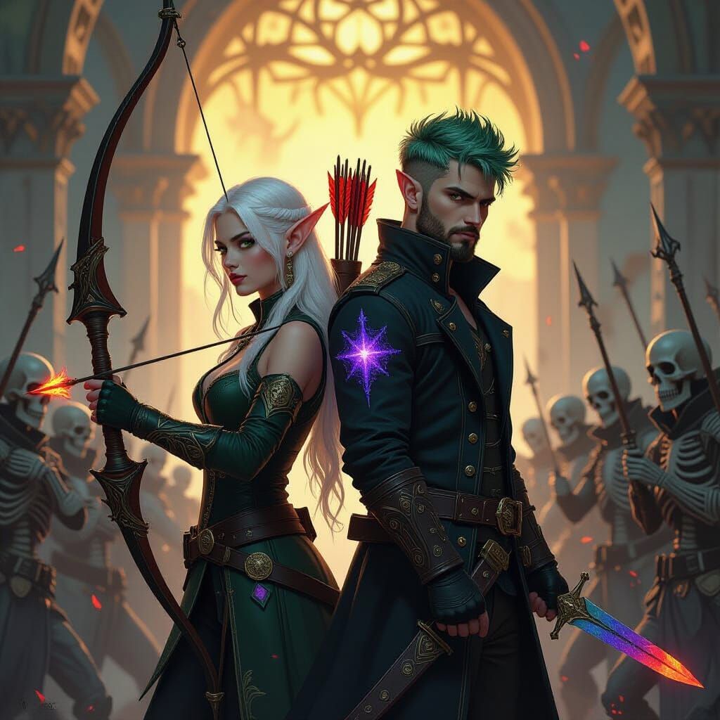 Elven Warrior and Companion Stand Against Skeletal Onslaught