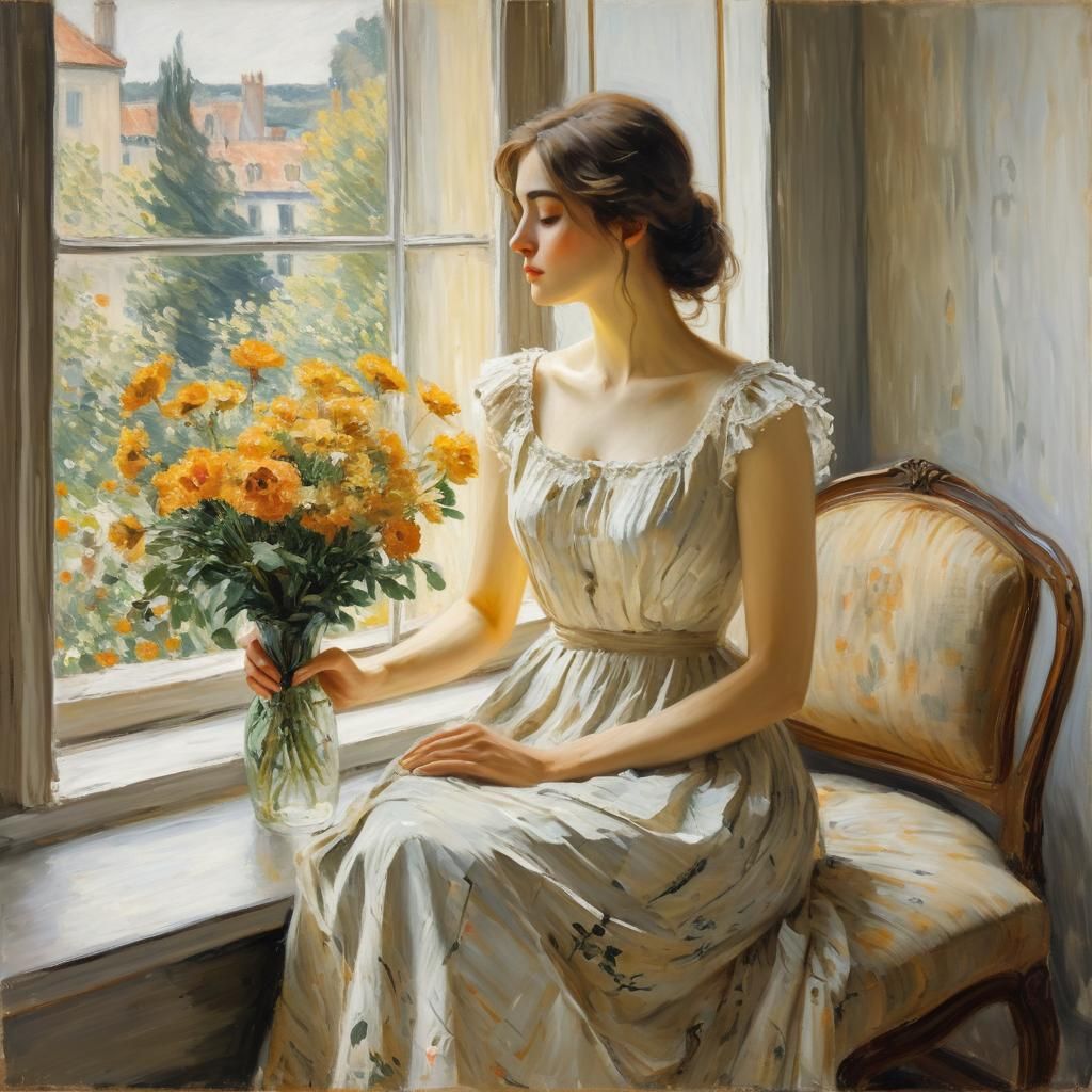 Girl in Summer Dress: Impressionist Oil Painting