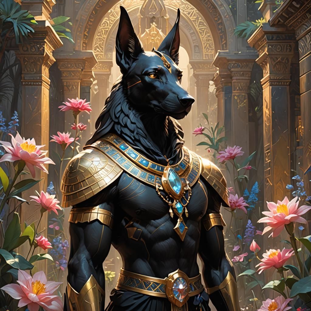 Majestic Anubis in Mystical Forest, Digital Art