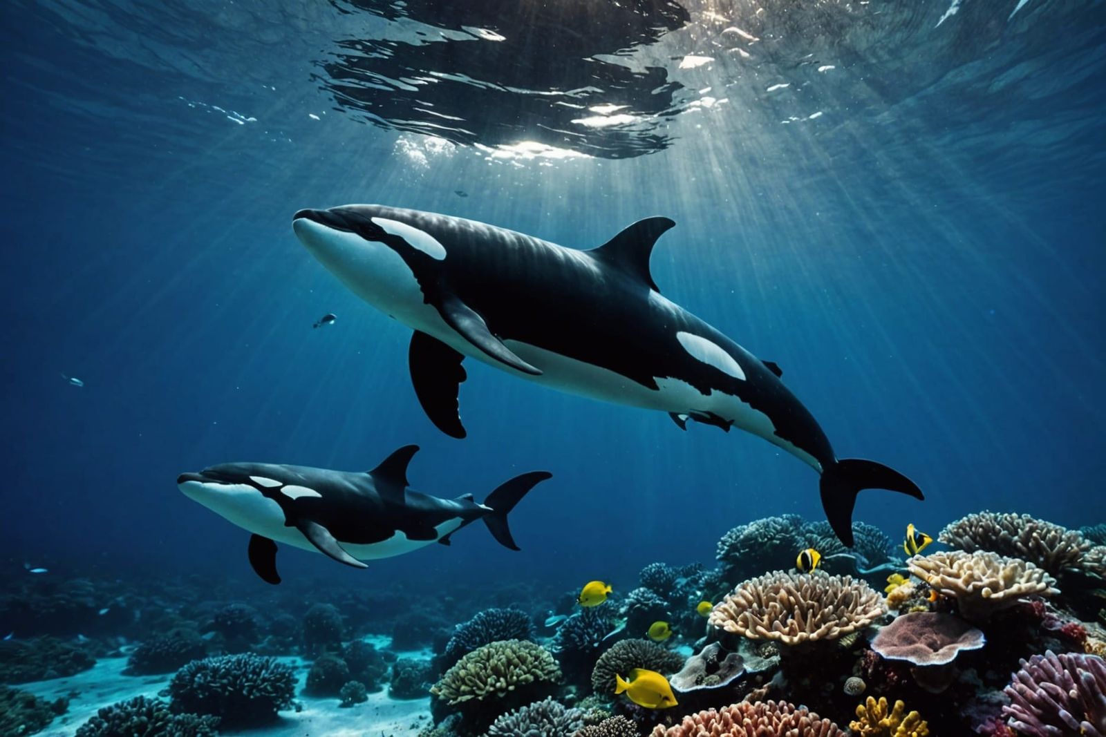 Playful orca whales playing near a beautiful reef.
