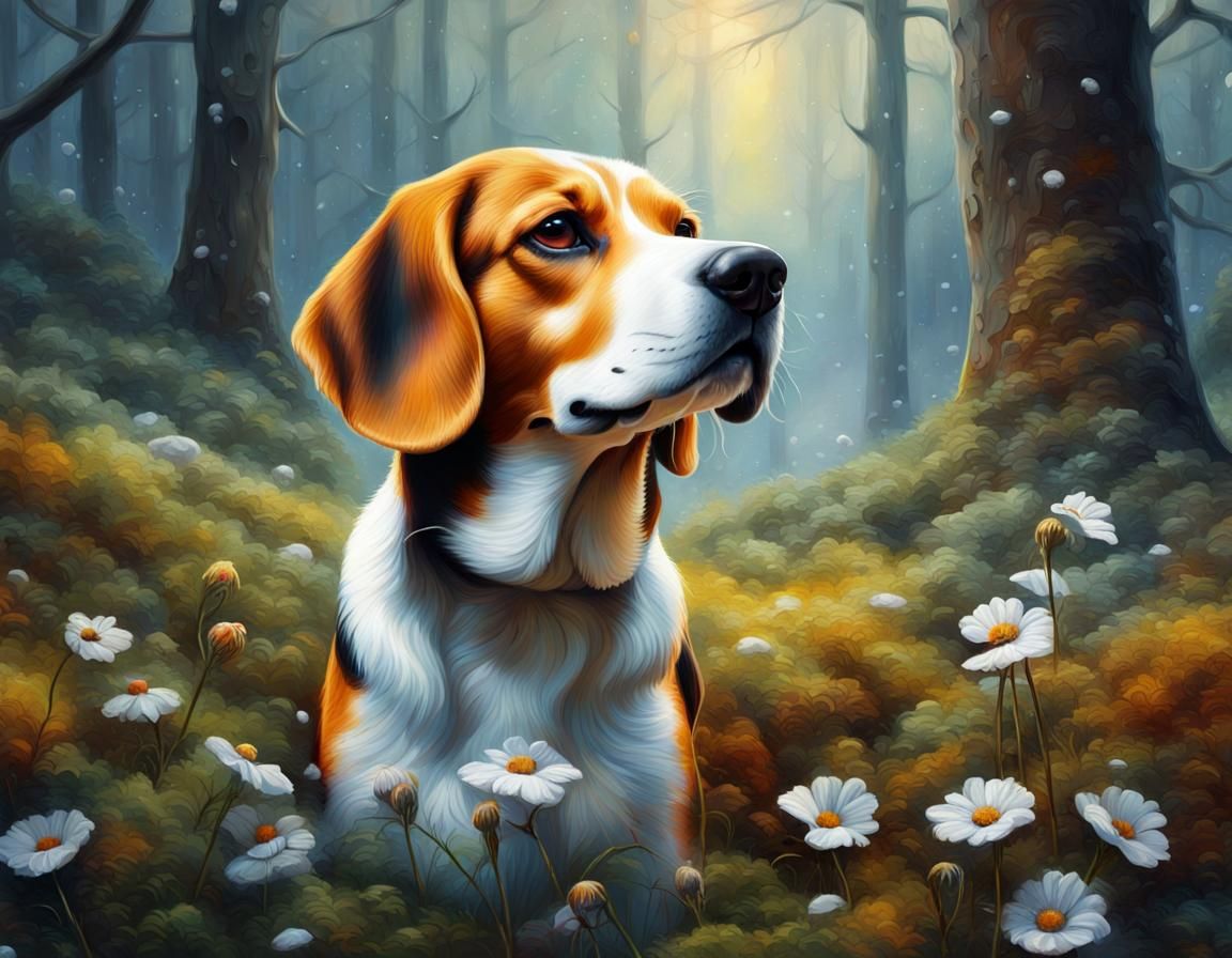 Hyperdetailed Beagle Portrait in Snowy Forest