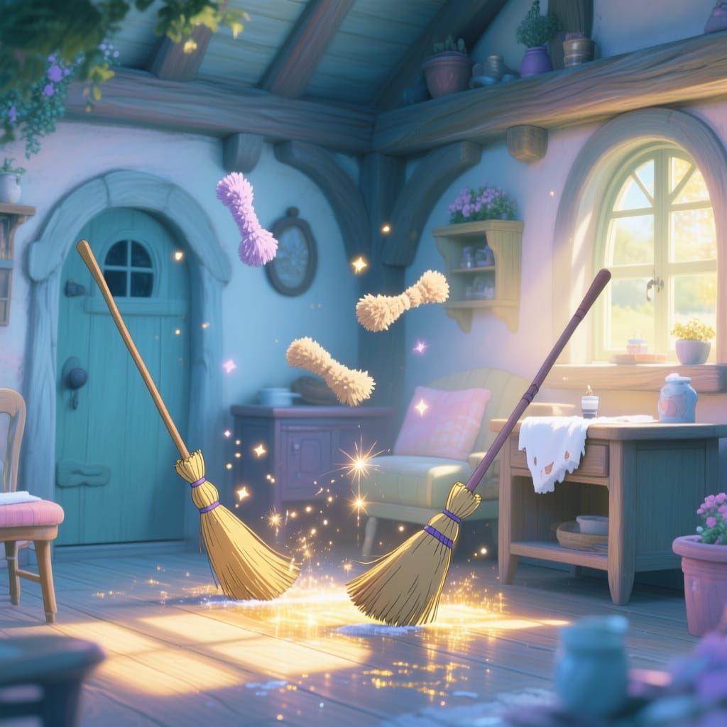 Enchanted Cottage with Sweeping Brooms and Sparkling Light