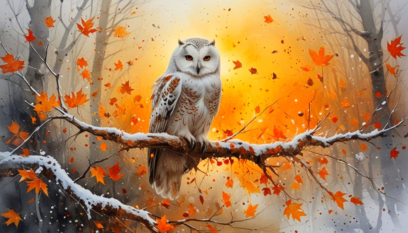 Snowy Owl Amidst Autumn Leaves