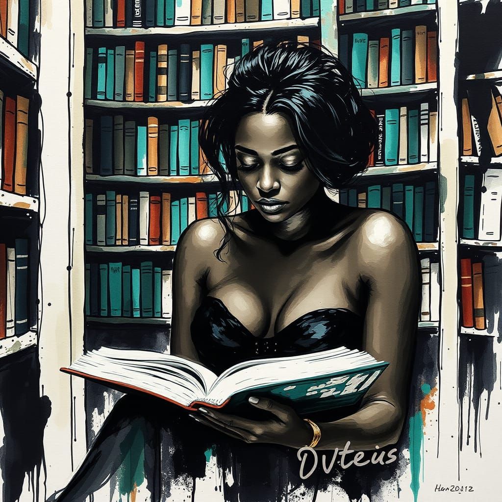 Dreamy Black Woman Reading: Ink Alcohol Splash Art