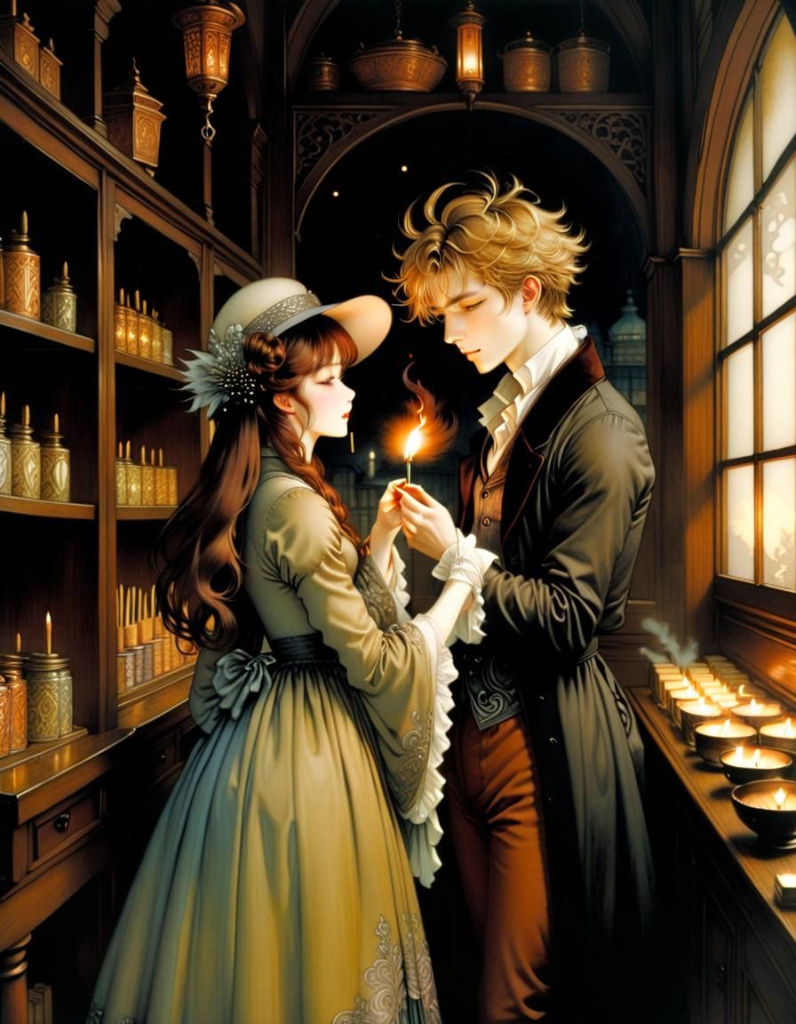 Anime Lovers in Candle Shop, Rich Color Style