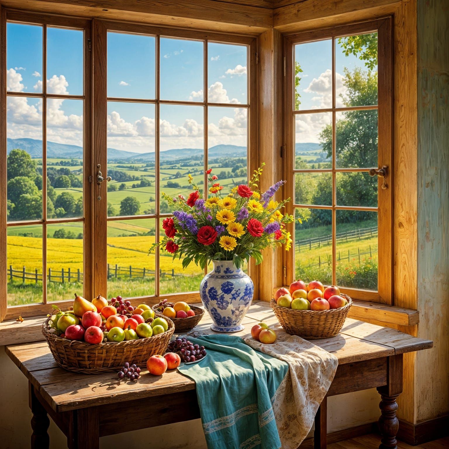 Vibrant Summer Still Life: Flowers and Fruit in Warm Sunligh...