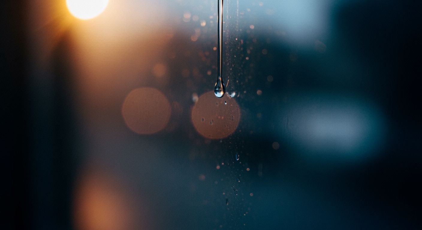 Glistening Water Droplet on Windowpane in Cinematic Light