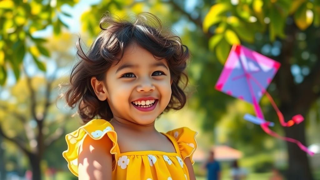 Happy Indonesian Girl Flying Kite in Sunny Park