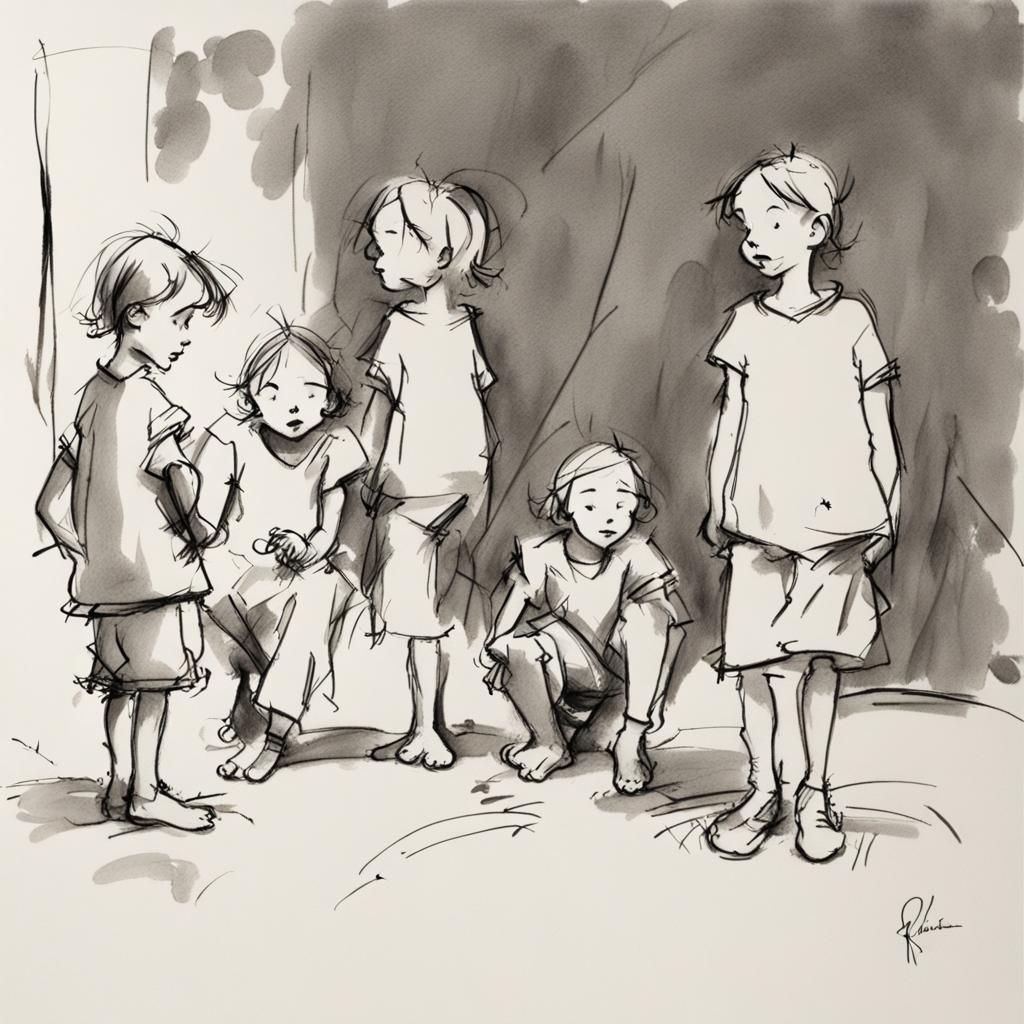 Children Playing Catch in Quentin Blake Style