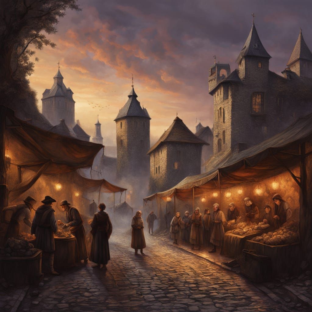 Medieval Market at Dusk Oil Painting