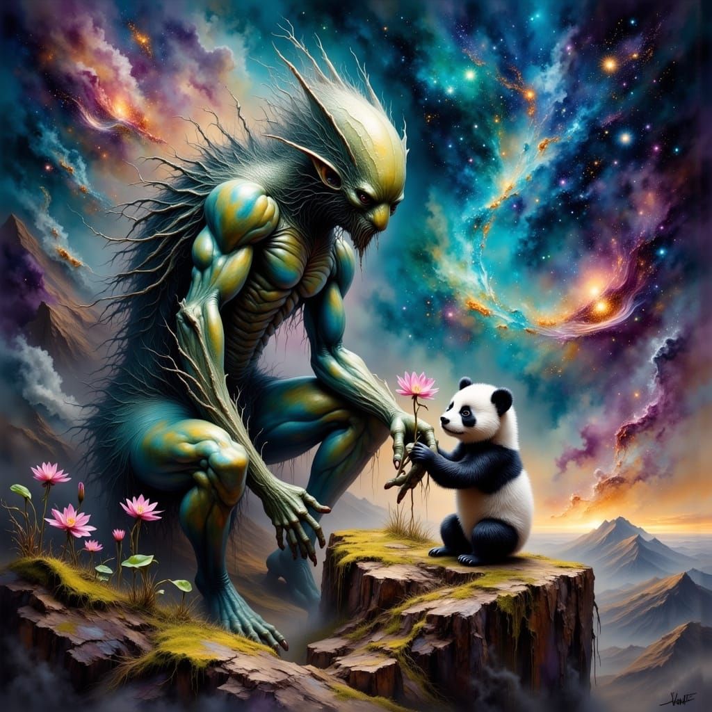 Alien Warrior Tends to Bioluminescent Panda in Space