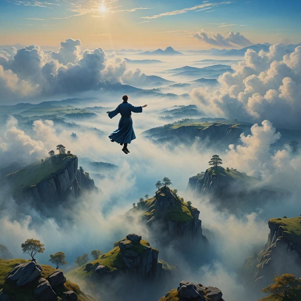 Levitating Figure in Dreamlike Surrealist Landscape