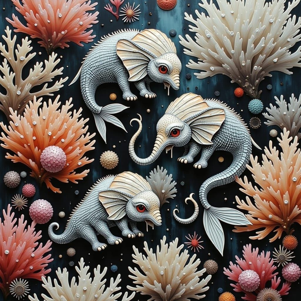 three cute black and white round, blob-shaped hybrid mermaid elephants with ocean tails, half mermaid half elephants, wi...