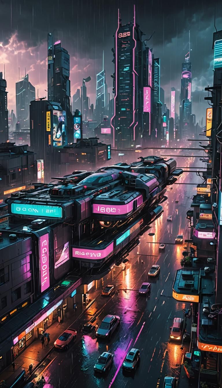 Cyberpunk Cityscape at Night with Flying Vehicles