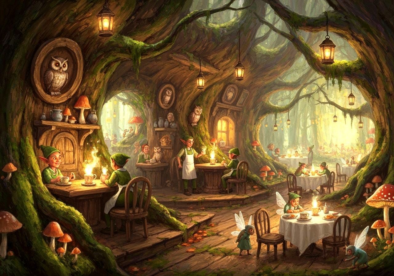Cozy Woodland Café Run by Mystical Creatures