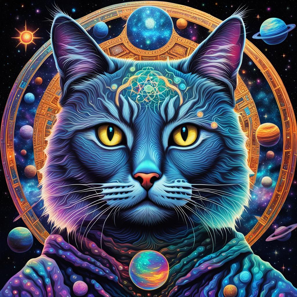 Scientist Cat in Holographic Astral Illustration