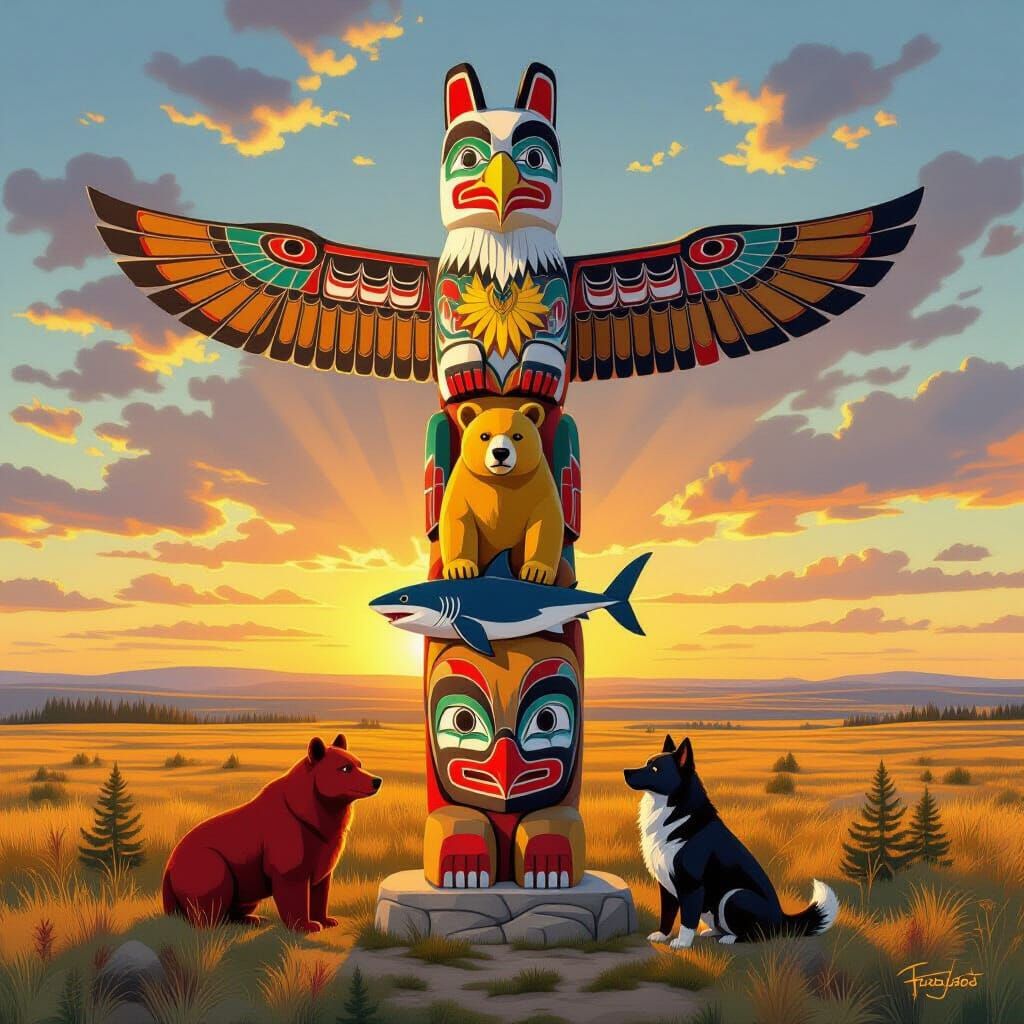 Intricate Cedar Totem Pole with Animal Carvings on Saskatche...