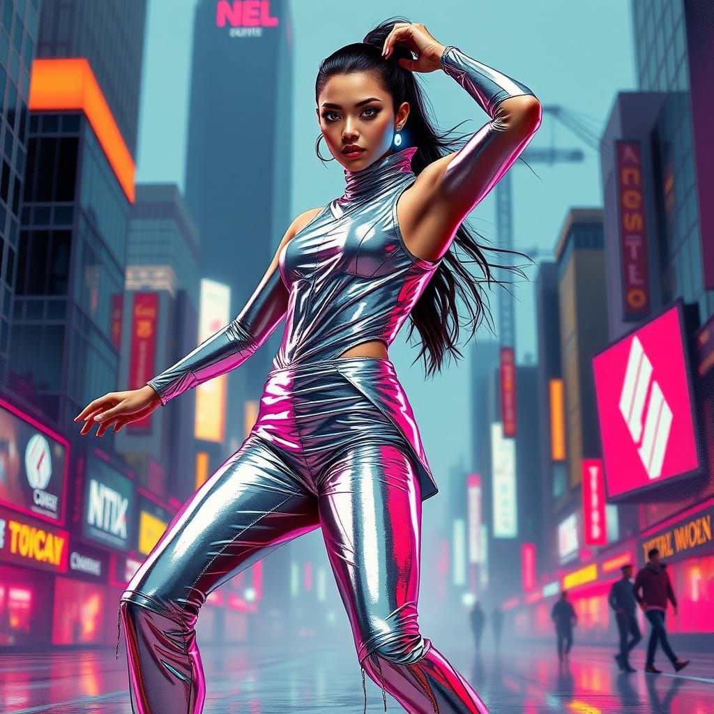Futuristic Dancer in Neon Cityscape, Graffiti Splash Art