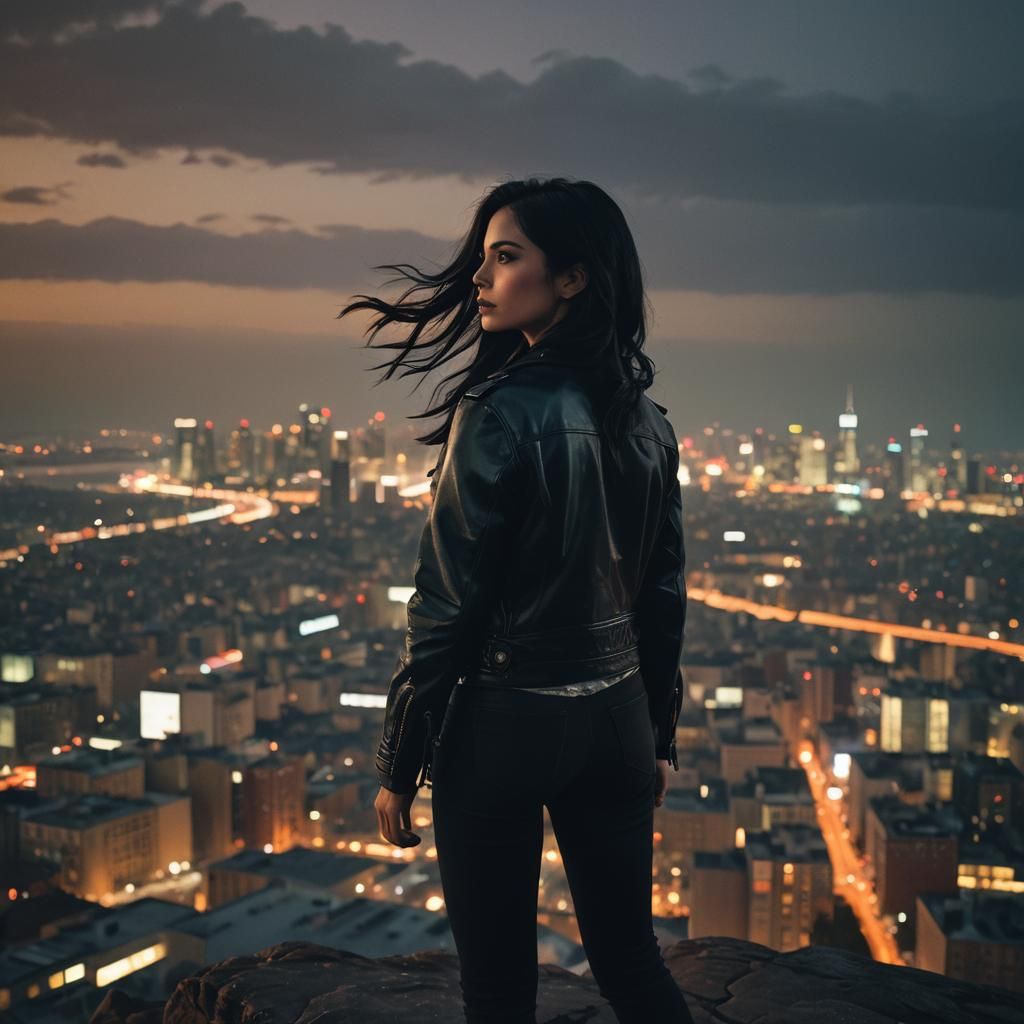 Moody Film Noir: Woman Overlooking City at Night