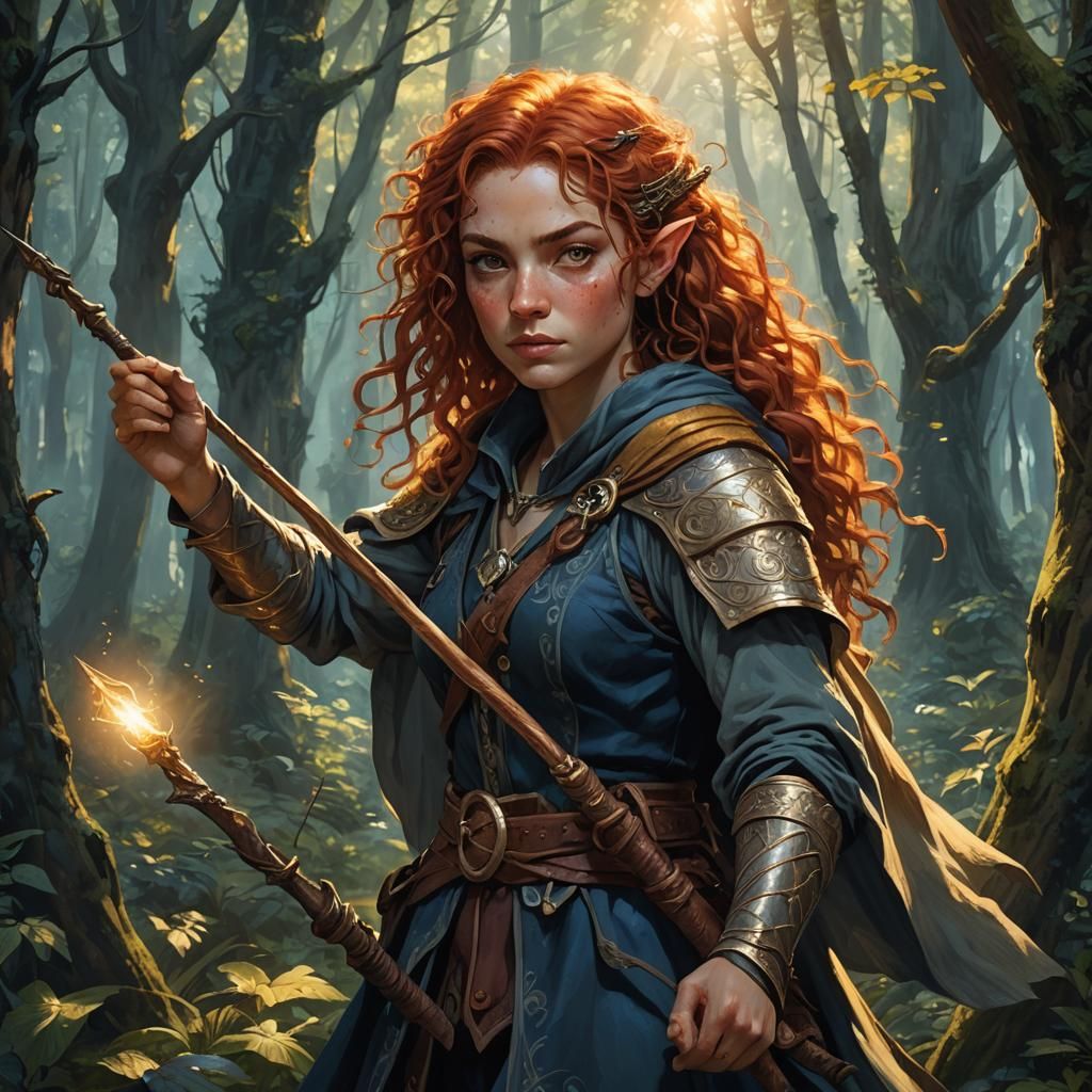 Halfling Wizard Mimay in Mystical Forest: Digital Art