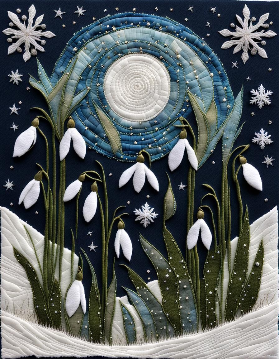 Mystical Snowdrop Fabric Collage with Embroidery