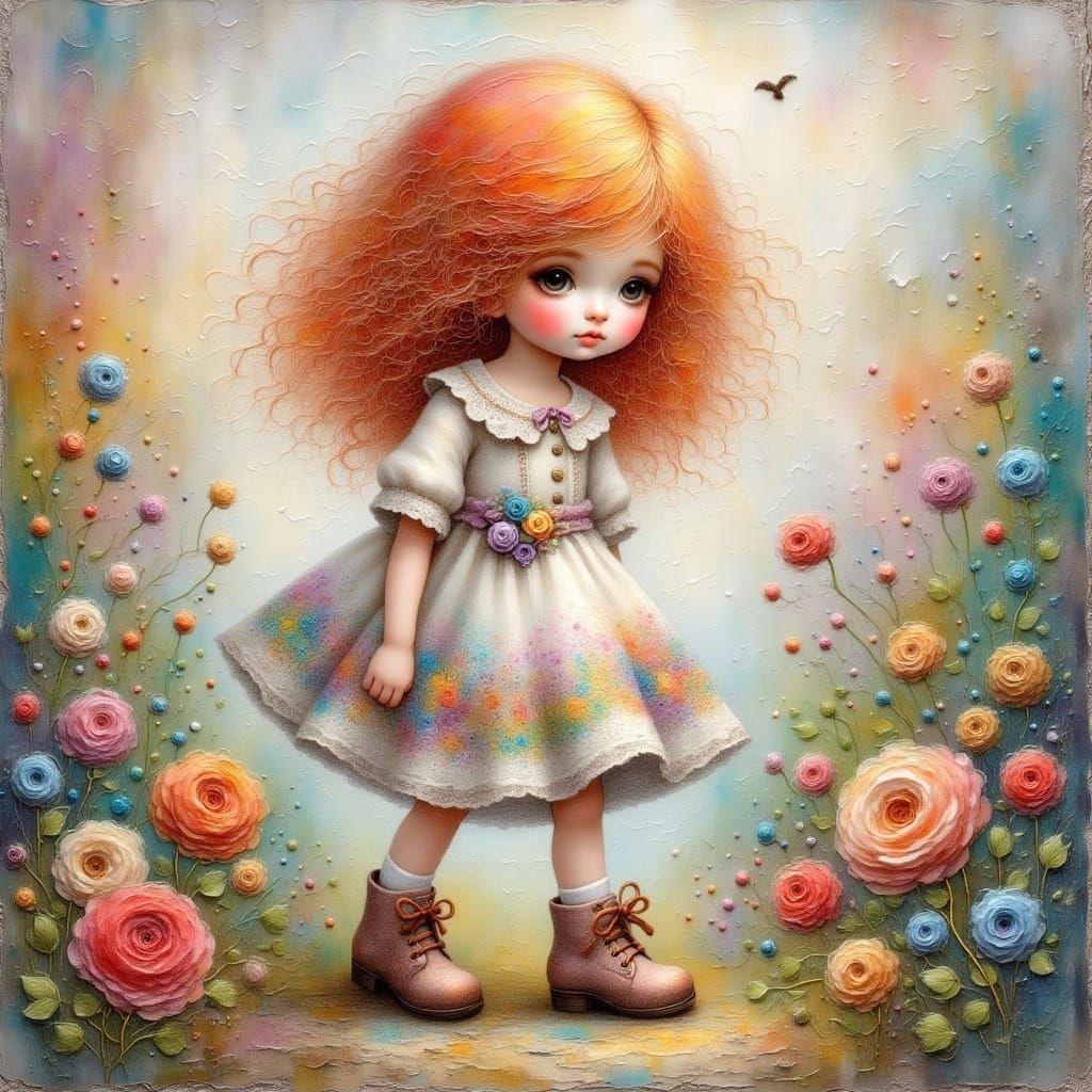 Adorable Girl in Whimsical Mixed Media Art
